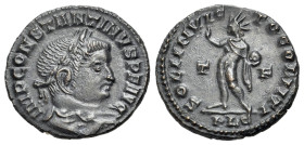 Constantine I (307/310-337). Æ Follis (20mm, 3.86g). Lugdunum, 314-5. Laureate, draped and cuirassed bust r., seen from behind. R/ Sol standing l., ra...