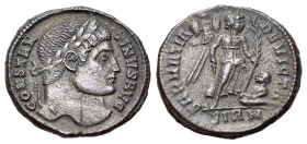 Constantine I (307/310-337). Æ Follis (18mm, 3.21g). Sirmium, 324-5. Laureate head r. R/ Victory advancing r., holding trophy and palm, spurning capti...