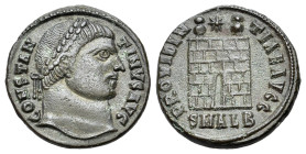 Constantine I (307/310-337). Æ Follis (19mm, 2.65g). Alexandria, 325-6. Laureate head r. R/ Camp gate with no doors and two turrets, star above; SMALB...