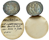 Constantine I 'the Great' (307-337). Follis (19mm, 3.12g, 12h). Nicomedia, AD 317-320. Laureate and draped bust to l., holding mappa, globe and sceptr...