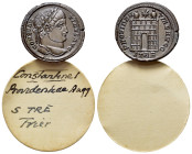 Constantine I 'the Great' (307-337). Follis (19mm, 2.95g, 6h). Treveri (Trier), 327-328. Laureate head to r. R/PROVIDENTIAE AVGG / STRE, campgate with...