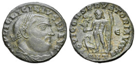 Licinius I (308-324). Æ Follis (22mm, 4.34g). Antioch, 315-6. Laureate draped and cuirassed bust r. R/ Jupiter standing l. holding Victory on globe an...