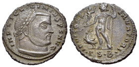 Licinius I (308-324). Æ Follis (22mm,3.92g). Thessalonica, 313-6. Laureate head r. R/ Jupiter standing l. holding Victory on globe and sceptre; at fee...