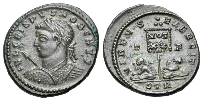 Crispus (Caesar, 316-326). Æ Follis (20mm, 3.59g). Treveri, 320. Laureate and cu...