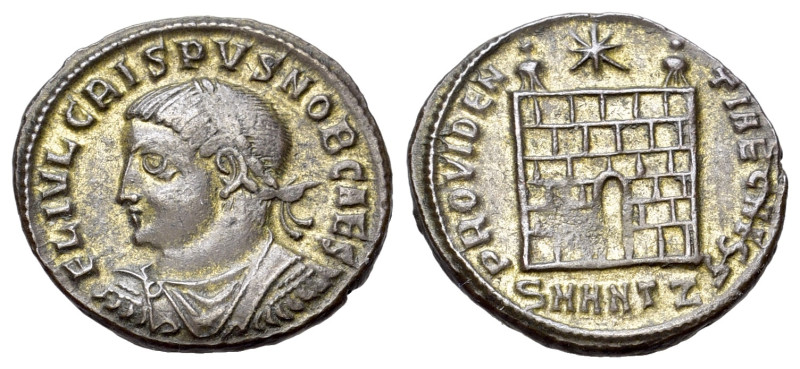 Crispus (Caesar, 316-326). Æ Follis (19mm, 2.75g). Antioch, 325-6. Laureate, dra...