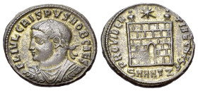 Crispus (Caesar, 316-326). Æ Follis (19mm, 2.75g). Antioch, 325-6. Laureate, draped and cuirassed bust l. R/ Camp gate with no doors and two turrets, ...