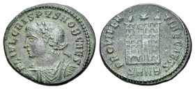 Crispus (Caesar, 316-326). Æ Follis (18mm, 2.87g). Nicomedia, 324-5. Laureate, draped and cuirassed bust l. R/ Camp gate with no doors and two turrets...