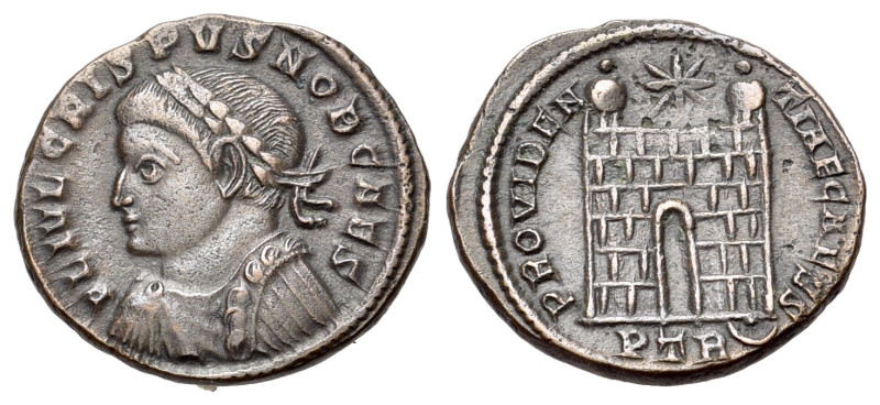 Crispus (Caesar, 316-326). Æ Follis (18mm, 2.88g). Treveri, 326. Laureate, drape...