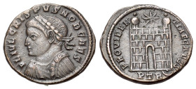 Crispus (Caesar, 316-326). Æ Follis (18mm, 2.88g). Treveri, 326. Laureate, draped and cuirassed bust l. R/ Camp gate with no doors and two turrets, st...