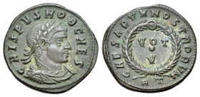 Crispus (Caesar, 316-326). Æ Follis (19mm, 2.82g). Rome, 321. Laureate, draped and cuirassed bust r. R/ VOT/•/V within wreath; RT. RIC VII 234. Good V...