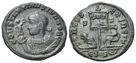 Constantine II (Caesar, 316-337). BI Nummus (2.16g, 20mm, 12h). Siscia, AD 320. CONSTANTINVS IVN NOB C, laureate, draped and cuirassed bust to left, h...