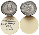 Constantine II (Caesar, 316-337). Æ Follis (19mm, .89g). Londinium, 321. Radiate, draped and cuirassed bust l. R/ Globe set upon altar inscribed VOT/I...
