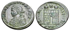 Constantine II (Caesar, 316-337). Æ Follis (18mm, 2.96g). Treveri, 326. Laureate, draped and cuirassed bust l. R/ Camp gate with no doors and two turr...