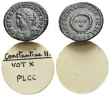 Constantine II (Caesar, 316-337). Æ Follis (19mm, 2.46g). Lugdunum, 323-4. Laureate, draped and cuirassed bust l. R/ VOT/X in two lines within wreath;...
