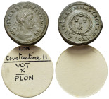Constantine II (Caesar, 316-337). Æ Follis (19mm, 3.48g). Londinium, 323-4. Laureate bust r. R/ VOT/X in two lines within wreath; PLON-crescent. RIC V...