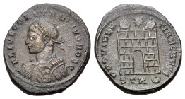 Constantine II (Caesar, 316-337). Æ Follis (18mm, 2.87g). Treveri, 326. Laureate, draped and cuirassed bust l. R/ Camp gate with no doors and two turr...