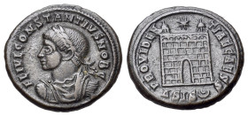 Constantius II (Caesar, 324-337). Æ Follis (18mm, 3.38g). Siscia, 328-9. Laureate, draped and cuirassed bust l. R/ Camp gate with no doors and two tur...