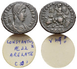 Constantius II (337-361). Æ (23mm, 4.83g). Arelate, 348-50. Diademed, draped and cuirassed bust r.; A behind. R/ Soldier spearing falling enemy horsem...