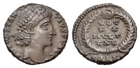 Constantius II (337-361). Æ (12mm, 1.45g). Antioch, 347-8. Diademed head r. R/ VOT/XX/MVLT/XXX in four lins within wreath; SMANH. RIC VII 113. Near VF...