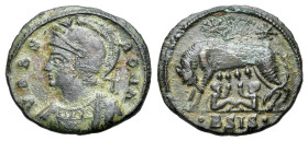 Commemorative Series, 330-354. Æ Follis (17mm, 2,27g). Siscia, 334-5. Helmeted and draped bust of Roma l. R/ She-wolf standing l., suckling the twins ...