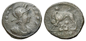 Commemorative Series, c. 330-354. Æ Follis (15mm, 1.42g). Antioch, 330-5. Helmeted and draped bust of Roma r. R/ She-wolf standing l., suckling the tw...