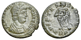 Theodora (died before 337). Æ (13mm, 1.38g, 6h). Treveri. Laureate and draped bust r. R/ PIETAS ROMANA / •TRP. Pietas standing facing, head right, hol...