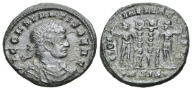 Constans (Caesar, AD 334-335). BI Nummus (2.15g, 18mm, 2h). Siscia. FL CONSTANTIS BEA C, laureate, draped and cuirassed bust to right. R/ GLORIA EXERC...