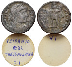 Vetranio (350). Æ (23mm, 3.8g). Thessalonica. Diademed, draped and cuirassed bust r. R/ Vetranio standing facing, holding standard with chi-rho in eit...
