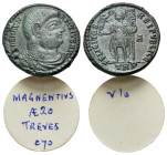 Magnentius (350-353). Æ (22mm, 5.98g). Treveri, 350. Bareheaded draped and cuirassed bust r. R/ Emperor standing l., holding Victory on globe and stan...