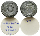 Magnentius (350-353). Æ (21mm, 4.45g). Treveri, 352. Bareheaded, draped and cuirassed bust r.; A behind. R/ Two Victories standing facing one another,...