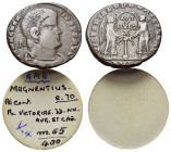 Magnentius (350-353). Æ (22mm, 5.41g). Ambianum (Amiens), 351-2. Bareheaded draped and cuirassed bust r.; A behind. R/ Two Victories standing facing o...
