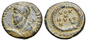 Julian II Apostata (360-363). Follis (18mm, 3.19g, 12h). Antioch. Diademed, helmeted and cuirassed bust l., holding spear and shield. R/VOT/X/MVLT/XX ...