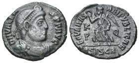 Valens (364-378). BI (1.93g, 18mm, 6h). Siscia, AD 367-375. D N VALENS P F AVG, pearl-diademed, draped and cuirassed bust to right. R/ SECVRITAS REIPV...