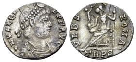 Valens (364-378). AR Siliqua (16mm, 1.58g). Treveri, 367-375. Pearl-diademed, draped and cuirassed bust r. R/ Roma seated l., holding Victory on globe...