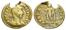 Gratian (367-383). Æ (14mm, 0.88g, 12h). Rome. Pearl-diademed, draped, and cuirassed bust r. R/ VOTA PVBLICA, Harpocrates standing l., raising hand to...