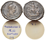 Theodosius I (379-395). Æ (23mm, 5.65g). Antioch, 379-83. Diademed, helmeted, draped and cuirassed bust r., holding spear and shield. R/ Theodosius st...