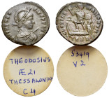 Theodosius I (379-395). Æ (22mm, 4.27g). Thessalonica, 383-8. Diademed, helmeted, draped and cuirassed bust r., holding spear and shield. R/ Theodosiu...