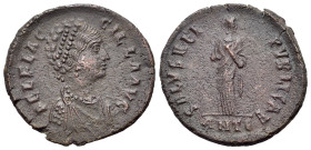 Aelia Flacilla (Augusta, 379-386/8). Æ (22mm, 4.70g, 4h). Antioch. Diademed and draped bust r. R/ SALVS REIPVBLICAE / ANTE in exergue. Empress or Salu...