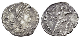 Arcadius (383-408). AR Siliqua (16mm, 1.03g). Mediolanum, 393-394. Pearl-diademed, draped and cuirassed bust r. R/ Roma seated l. on cuirass, holding ...