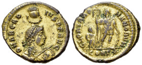 Arcadius (383-408). Æ Follis (23mm, 5.59g, 12h), Constantinopolis, 378-383. Pearl-diademed, draped and cuirassed bust of Arcadius to r., holding spear...