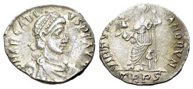 Arcadius (383-408). AR Siliqua (17mm, 1.54g). Treveri, 392-5. Pearl-diademed, draped and cuirassed bust r. R/ Roma seated l. on cuirass, holding spear...