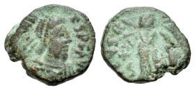 Johannes. Usurper. (423-425). Æ (12mm, 1.22g, 12h). Rome mint. Pearl-diademed, draped, and cuirassed bust r. R/ Victory advancing l., holding trophy o...