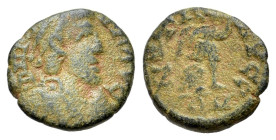 Johannes. Usurper (423-425). Æ possible contemporary imitation (12mm, 1.14g, 12h). Rome mint. Pearl-diademed, draped, and cuirassed bust r. R/ Victory...