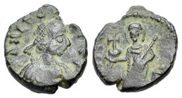 Leo I (457-474). Æ (10mm, 0.96g). Constantinople. Pearl-diademed, draped and cuirassed bust r. R/ Verina standing facing, holding globus cruciger and ...