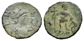 Leo I (457-474). Æ (11mm, 0.66g). Constantinople. Pearl-diademed, draped and cuirassed bust r. R/ Leo I standing facing, head r., holding long cross a...