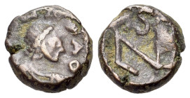 Leo I (457-474). Æ (9mm, 1.14g). Constantinople. Pearl-diademed, draped and cuirassed bust r. R/ Monogram within wreath. Cf. RIC X 693. Near VF
