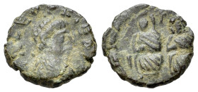 Leo I (457-474). Æ (11mm, 1.08g). Constantinople. Pearl-diademed, draped and cuirassed bust r. R/ Leo I and Leo II seated facing, both nimbate; cross ...