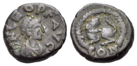 Leo I (457-474). Æ (10mm, 1.32g). Constantinople. Pearl-diademed, draped and cuirassed bust r. R/ Lion crouching l., head r; CON. RIC X 672. VF