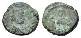 Leo I (457-474). Æ (12mm, 1.33g). Nicomedia. Pearl-diademed, draped and cuirassed bust r. R/ Leo I standing facing, head r., holding long cross and pl...