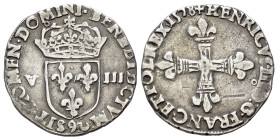 France. Henry III (1574-1589). AR (24mm, 4.55g, 12h). Paris. Cross fleurdelisé. R/Crowned Ecu of France, between V-III. Dupl, 1134; Ci, 1441 (AR); Laf...